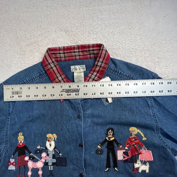 Bobbie Brooks Womens Embroidered Denim Button Up Shirt with Plaid Collar XL New - Picture 6 of 8